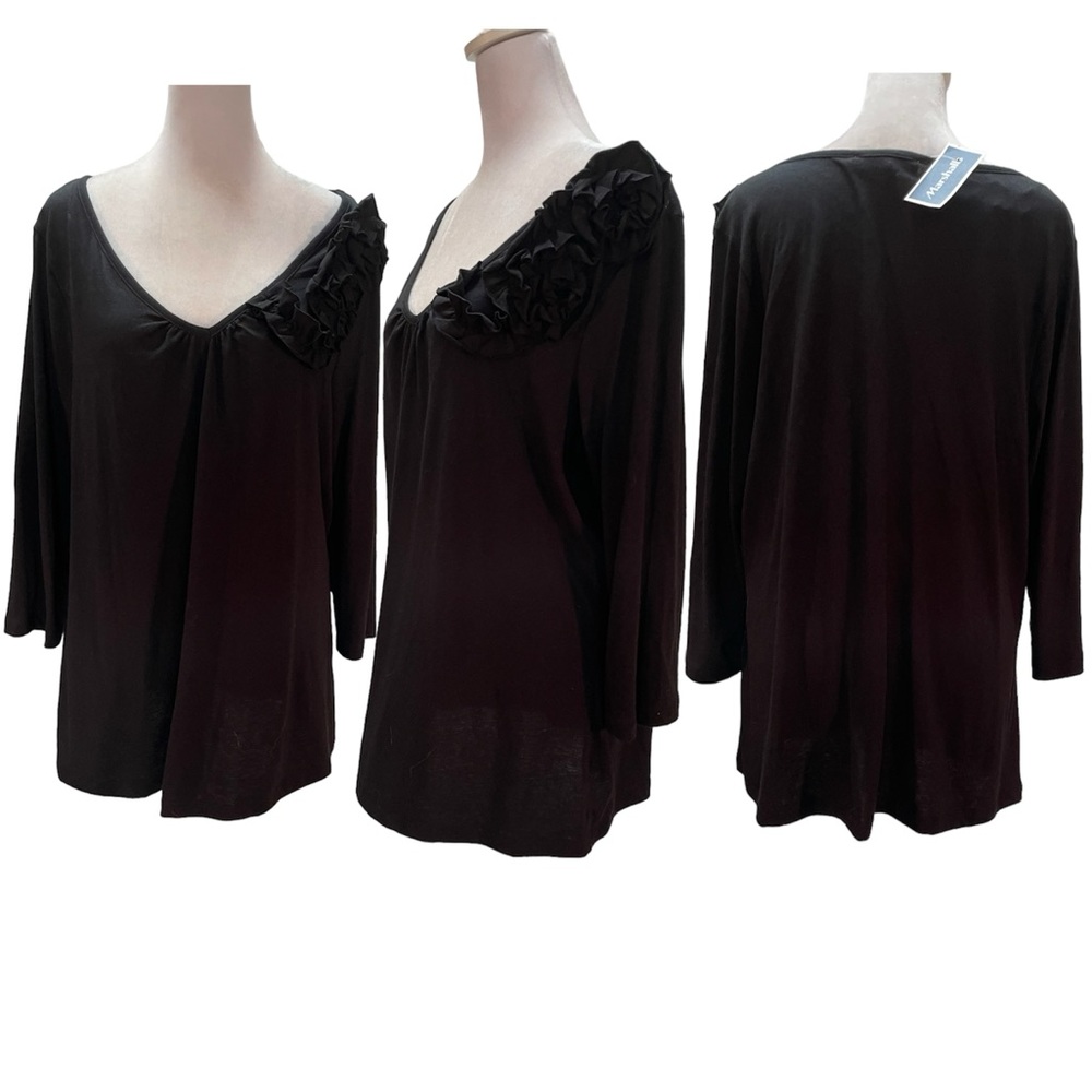 NWT Marisa Christina Black 3/4 Sleeve V-Neck Ruffle Detail Shirt Size 1X